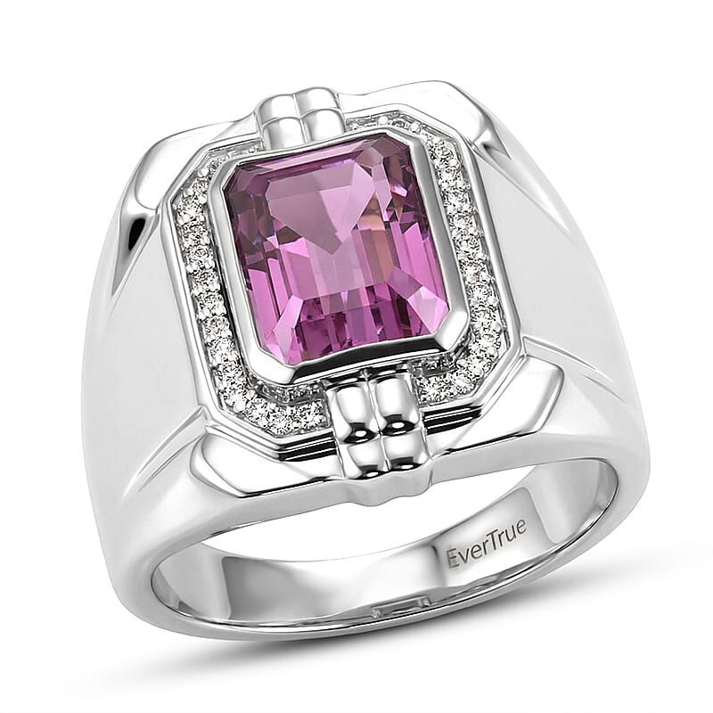EverTrue African Lilac Quartz (Triplet) and White Zircon 4.10 ctw Men's Ring in Platinum Bond (Size 10.0)