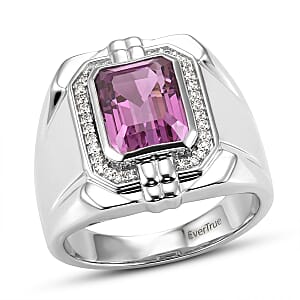EverTrue African Lilac Quartz, White Zircon Men's Ring in Platinum Bond (Size 10.0) 4.10 ctw