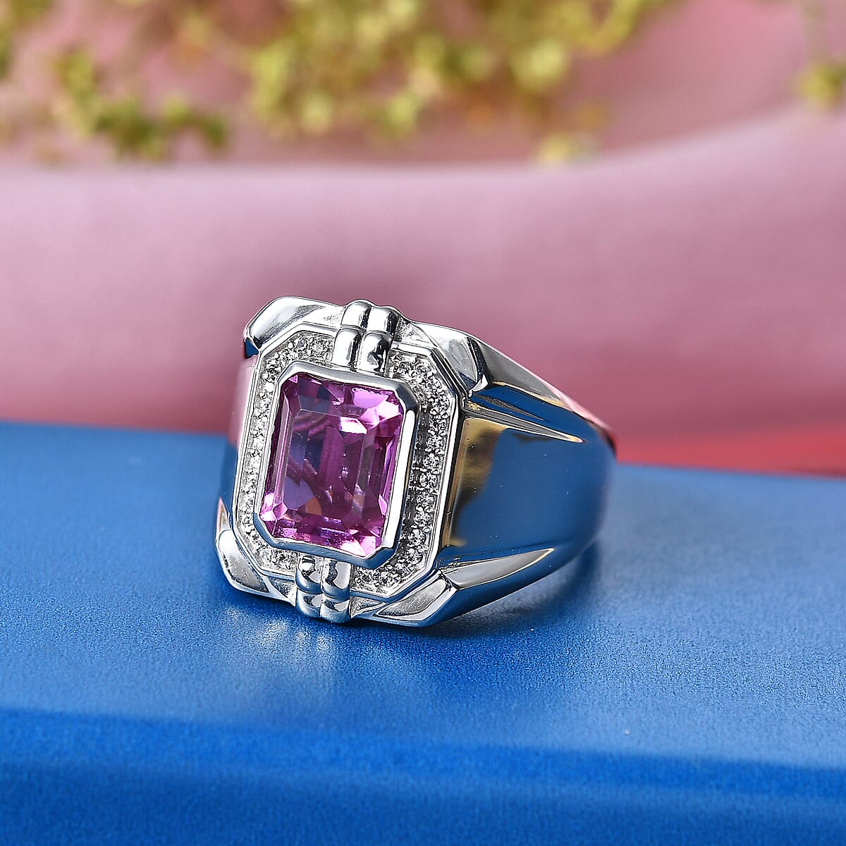 EverTrue African Lilac Quartz, White Zircon Men's Ring in Platinum Bond (Size 10.0) 4.10 ctw image number 1