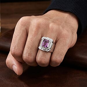 EverTrue African Lilac Quartz, White Zircon Men's Ring in Platinum Bond (Size 10.0) 4.10 ctw