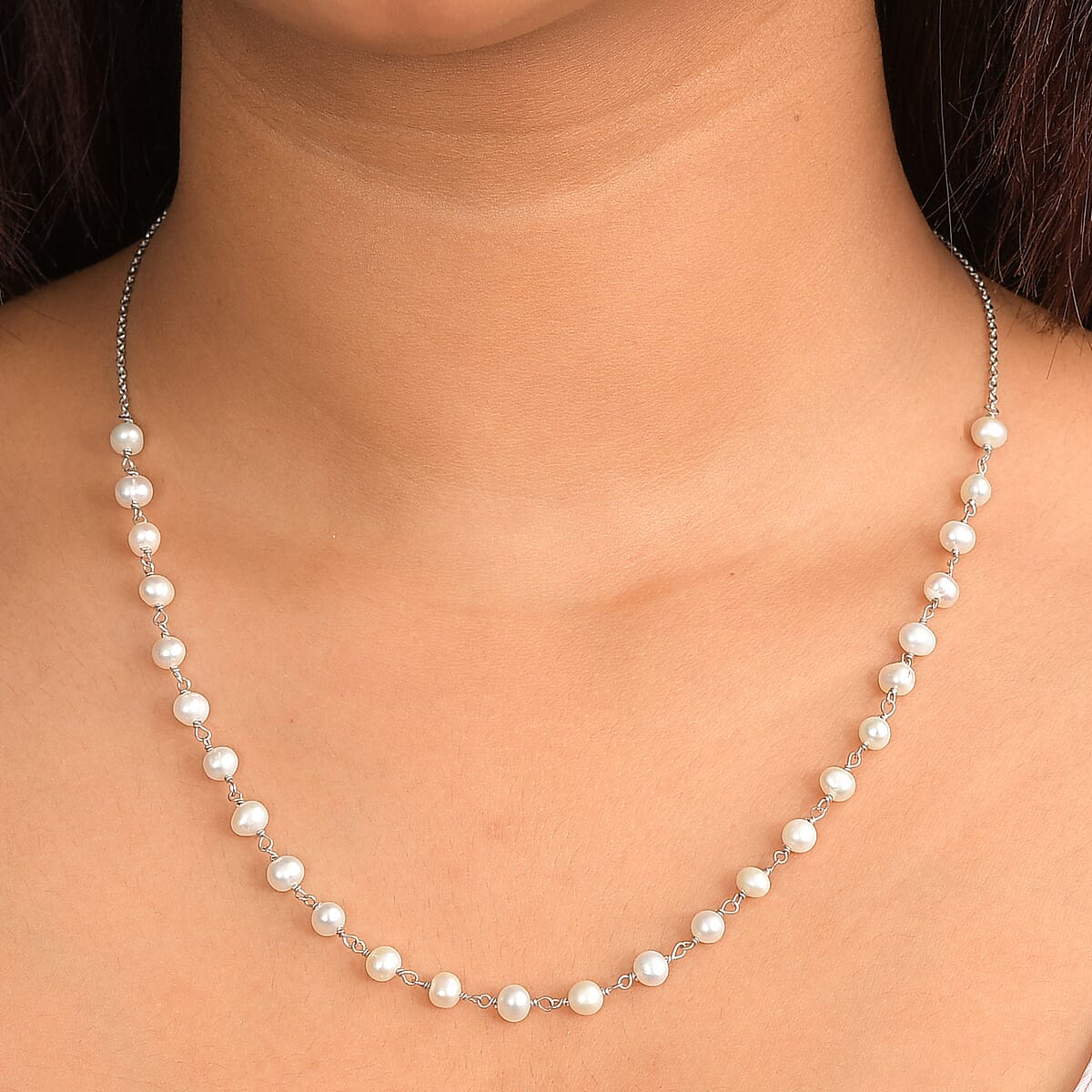 EverTrue Freshwater Pearl Beaded Necklace in Stainless Steel 20 Inches image number 2