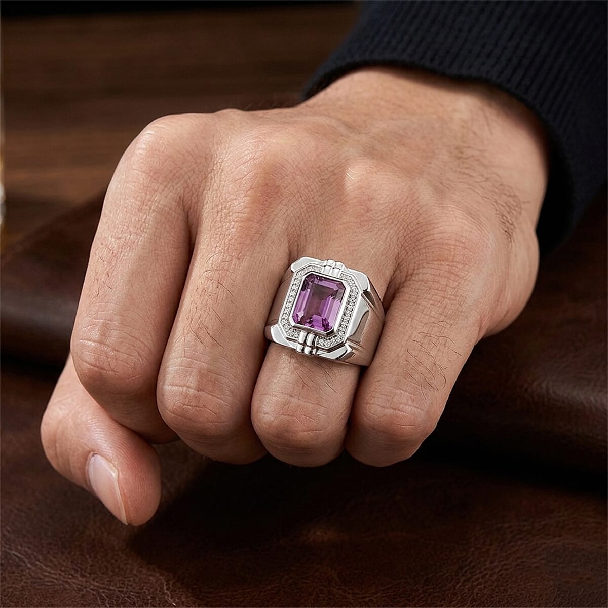 EverTrue African Lilac Quartz, White Zircon Men's Ring in Platinum Bond (Size 10.0) 4.10 ctw image number 2