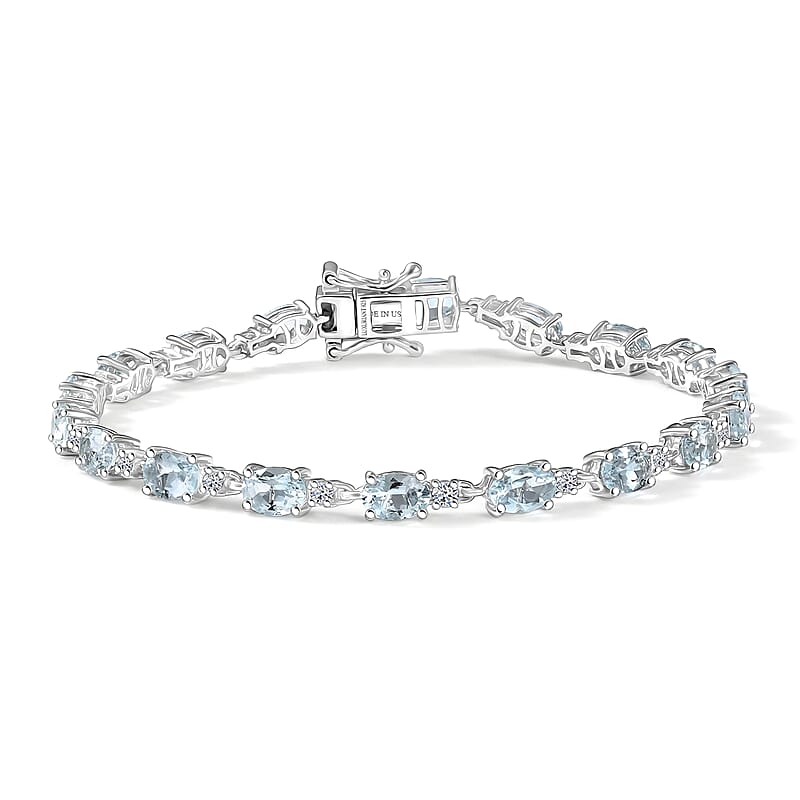 Premium Mangoro Aquamarine and Luxuriant Lab Grown Diamond G-H SI 8.35 ctw Timeless Bracelet in Rhodium Over Sterling Silver (7.25 In)