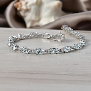 Premium Mangoro Santo Aquamarine and Luxuriant Lab Grown Diamond G-H SI 8.35 ctw Bracelet in Rhodium Over Sterling Silver (7.25 In)