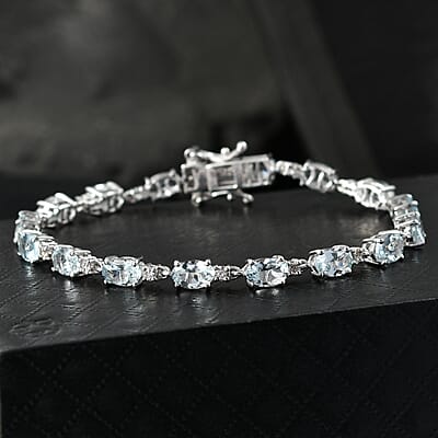 Premium Mangoro Aquamarine and Luxuriant Lab Grown Diamond G-H SI 7.40 ctw Timeless Bracelet in Rhodium Over Sterling Silver (6.50 In)