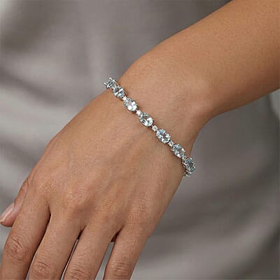 Premium Mangoro Aquamarine and Luxuriant Lab Grown Diamond G-H SI 7.40 ctw Timeless Bracelet in Rhodium Over Sterling Silver (6.50 In)