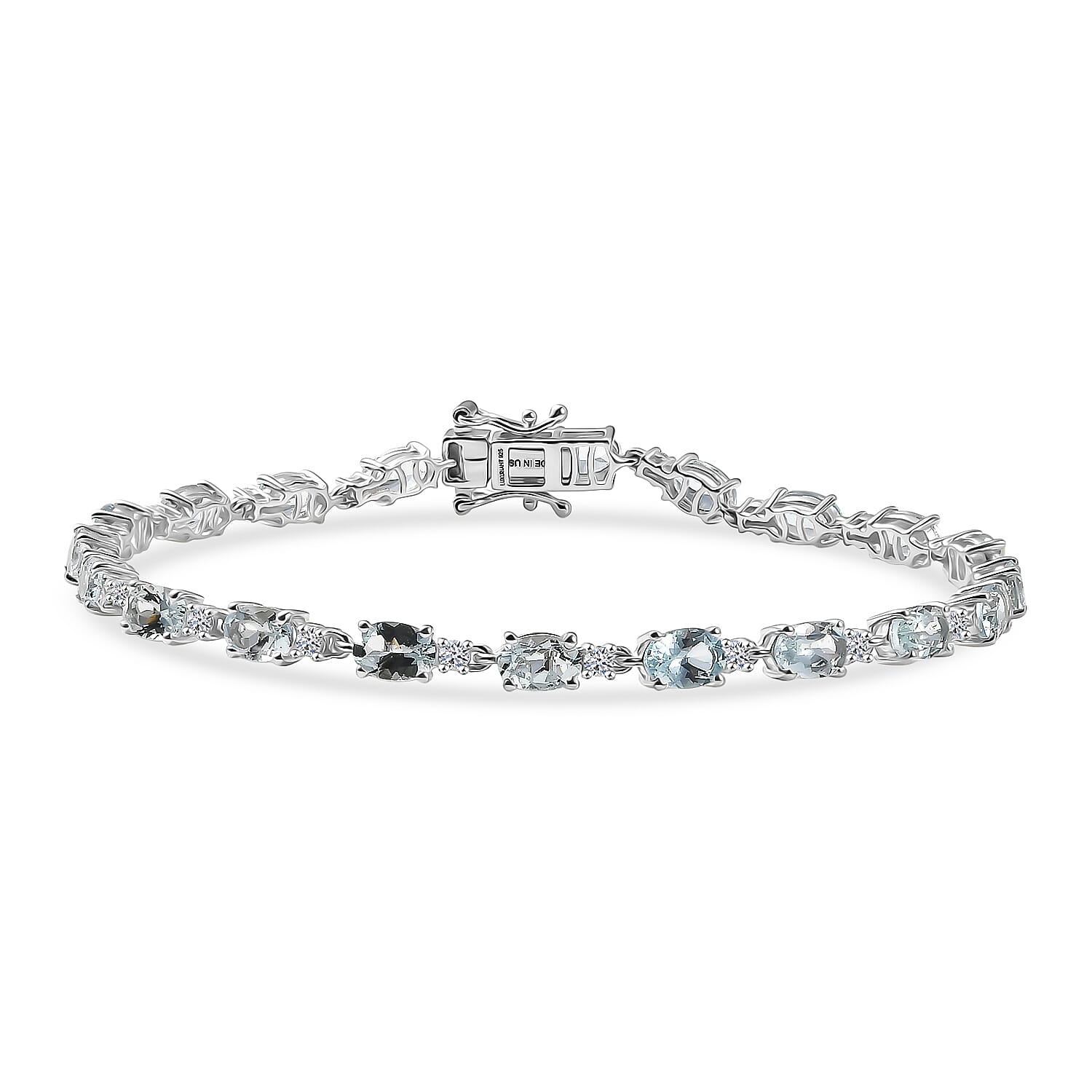 Premium Mangoro Aquamarine and Luxuriant Lab Grown Diamond G-H SI 9.30 ctw Timeless Bracelet in Rhodium Over Sterling Silver (8.00 In)