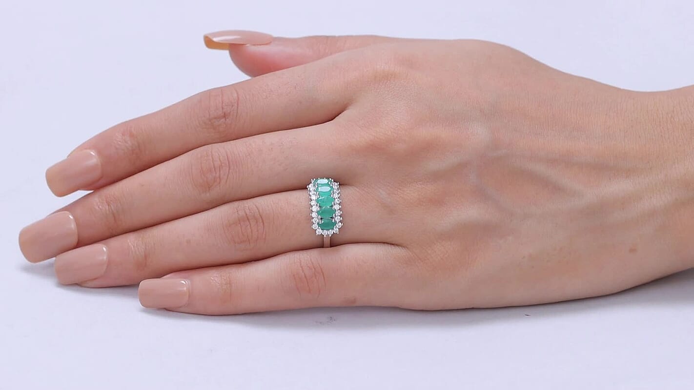 D'Joy Premium Kagem Zambian Emerald, Moissanite Ring in Rhodium Over Sterling Silver (Size 10.0) 1.50 ctw