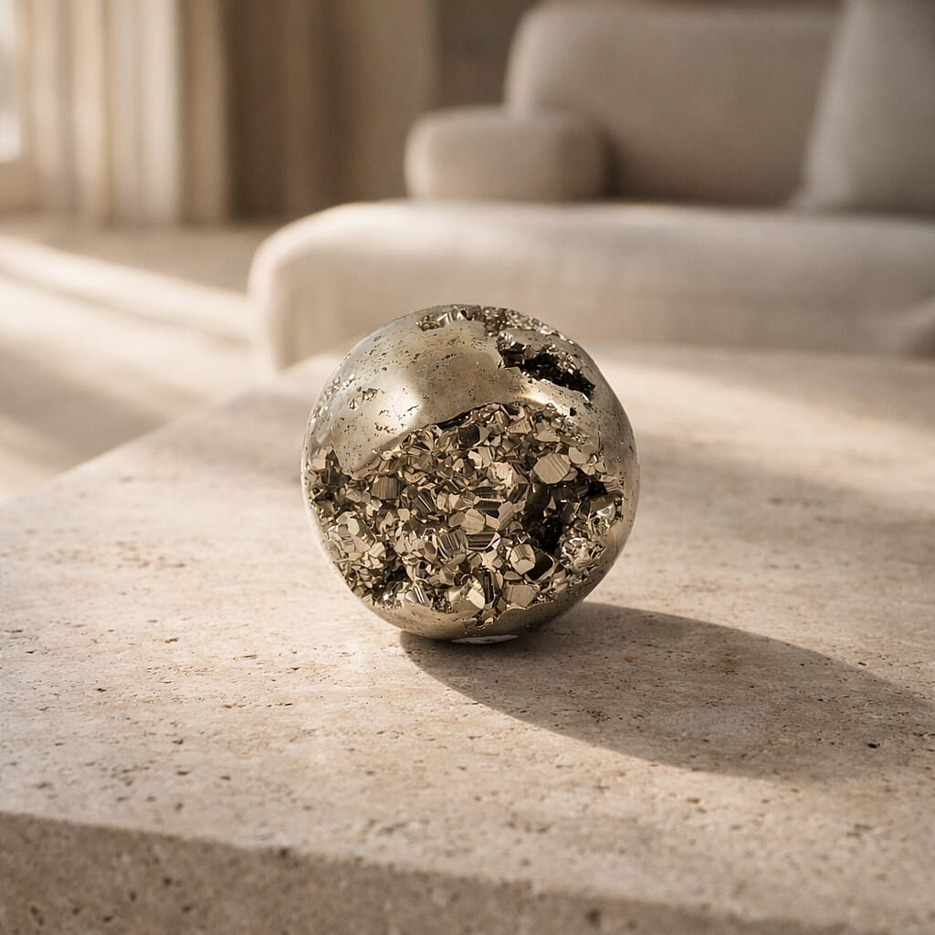 Pyrite Sphere Medium 1807 ctw with Free Wooden Tripod Cobra Stand