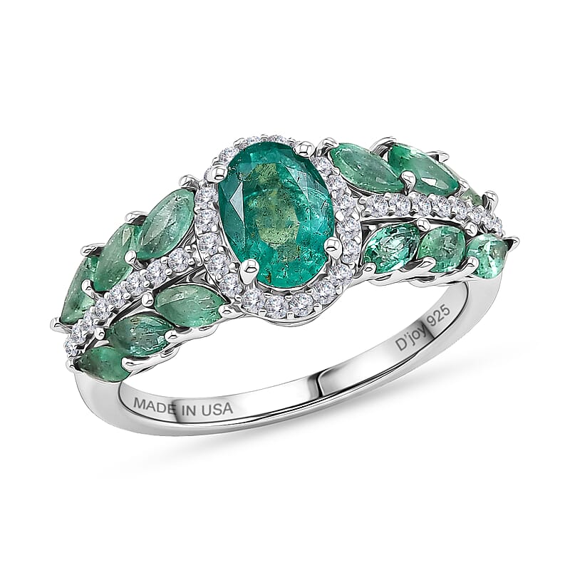 D'Joy Premium Kagem Zambian Emerald and Moissanite 1.65 ctw Patel Leaf Ring in Rhodium Over Sterling Silver (Size 10.0)
