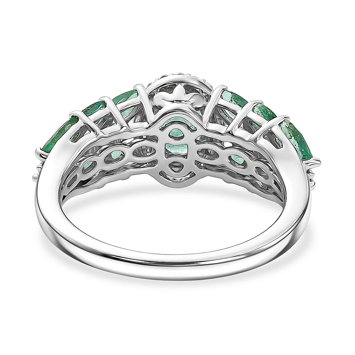D'Joy Premium Kagem Zambian Emerald and Moissanite 1.65 ctw Patel Leaf Ring in Rhodium Over Sterling Silver (Size 10.0)