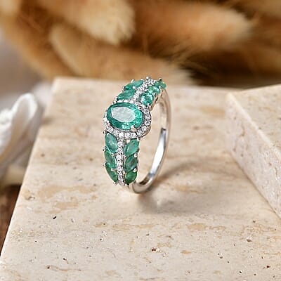 D'Joy Premium Kagem Zambian Emerald and Moissanite 1.65 ctw Patel Leaf Ring in Rhodium Over Sterling Silver (Size 6.0)