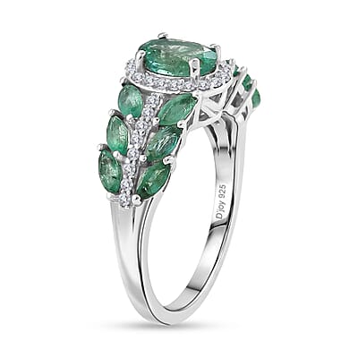 D'Joy Premium Kagem Zambian Emerald and Moissanite 1.65 ctw Patel Leaf Ring in Rhodium Over Sterling Silver (Size 6.0)