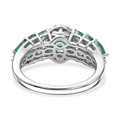 D'Joy Premium Kagem Zambian Emerald and Moissanite 1.65 ctw Patel Leaf Ring in Rhodium Over Sterling Silver (Size 6.0)