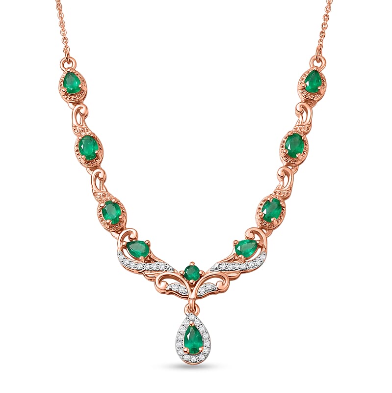 D'Joy Premium Kagem Zambian Emerald and Moissanite 1.65 ctw Drop Necklace in 18K Vermeil Rose Gold Over Sterling Silver 20 Inches