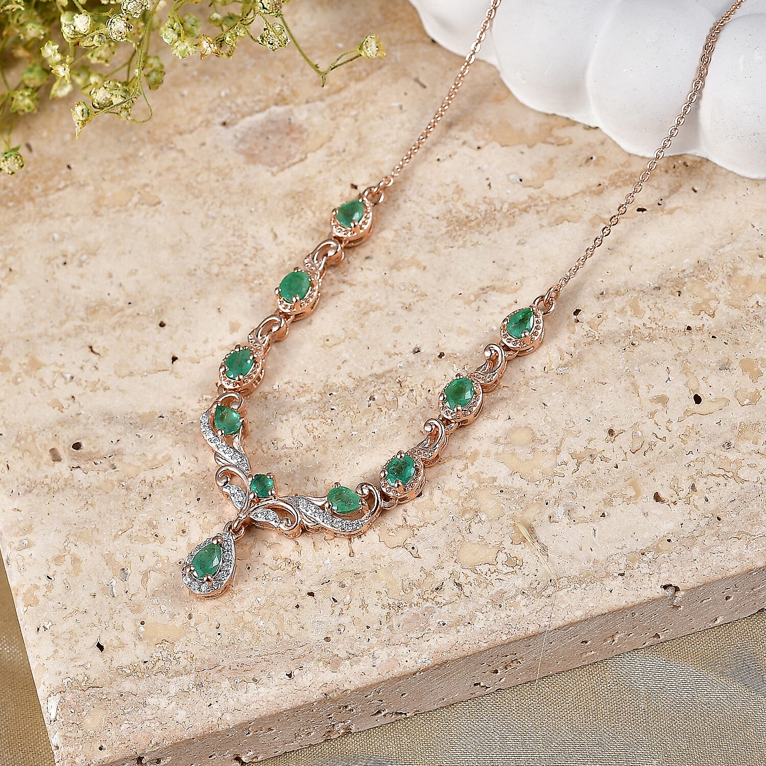 D'Joy Premium Kagem Zambian Emerald and Moissanite 1.65 ctw Drop Necklace in 18K Vermeil Rose Gold Over Sterling Silver 20 Inches