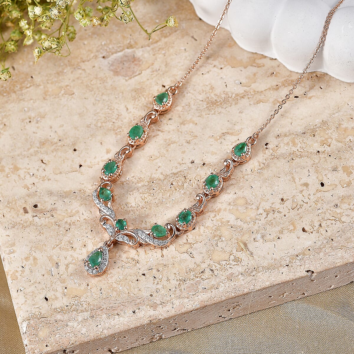 D'Joy Premium Kagem Zambian Emerald and Moissanite 1.65 ctw Drop Necklace in 18K Vermeil Rose Gold Over Sterling Silver 20 Inches  image number 1