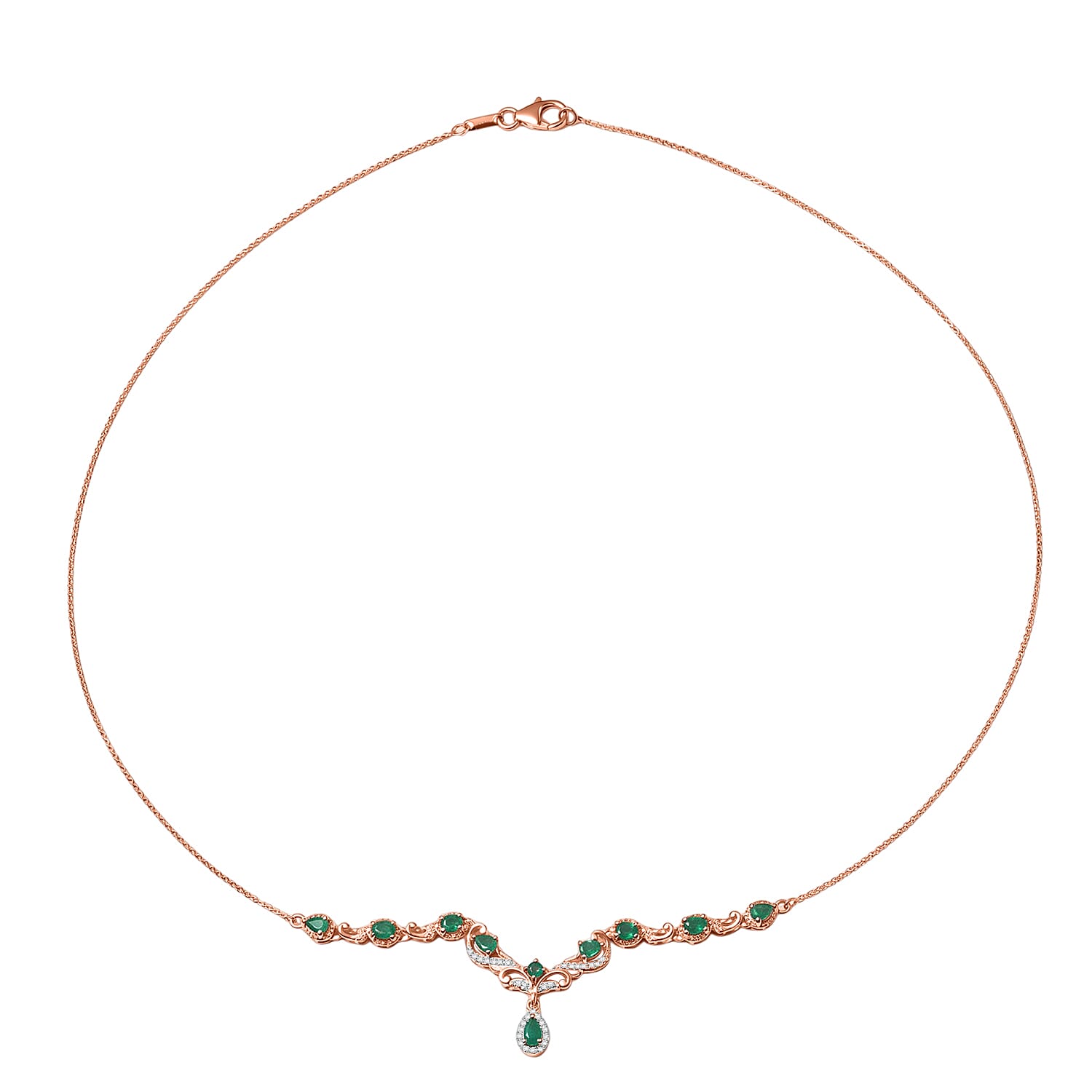 D'Joy Premium Kagem Zambian Emerald and Moissanite 1.65 ctw Drop Necklace in 18K Vermeil Rose Gold Over Sterling Silver 20 Inches
