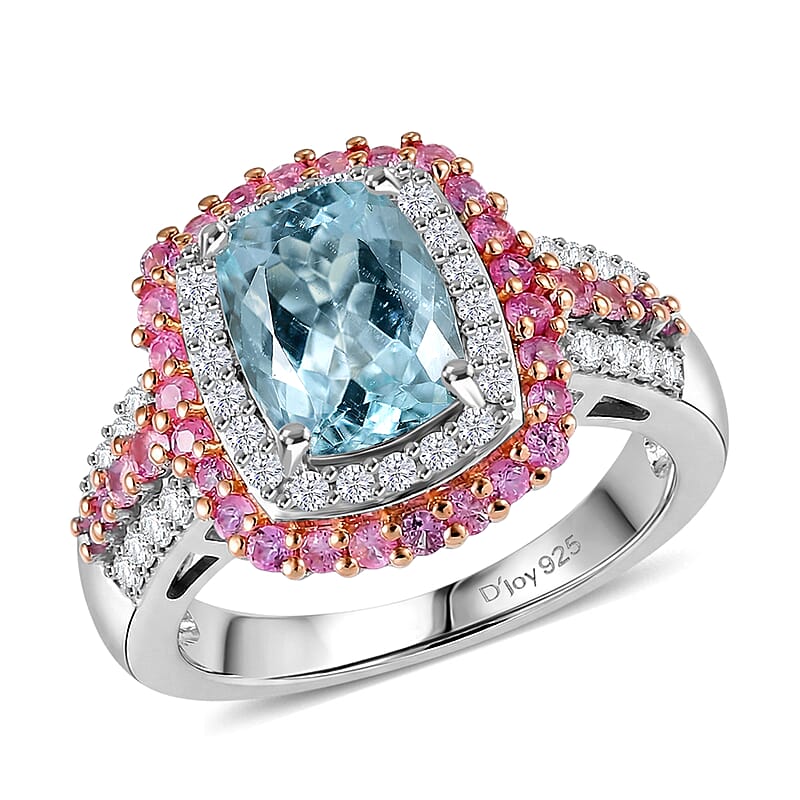 D'Joy Mangoro Santo Aquamarine, Multi Gemstone Ring in Rhodium Over Sterling Silver 3.00 ctw (Size 10.0)