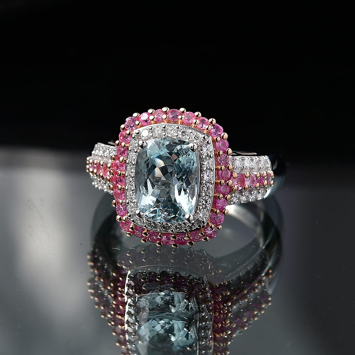 D'Joy Premium Mangoro Santo Aquamarine and Multi Gemstone 3.00 ctw The Coronation Ring in Rhodium Over Sterling Silver (Size 10.0) image number 1