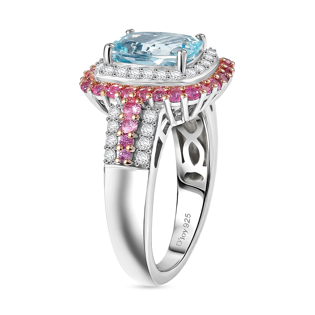 D'Joy Premium Mangoro Santo Aquamarine and Multi Gemstone 3.00 ctw The Coronation Ring in Rhodium Over Sterling Silver (Size 10.0) image number 3