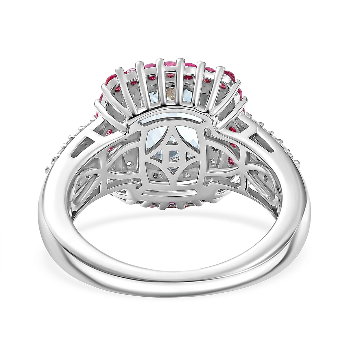 D'Joy Premium Mangoro Santo Aquamarine and Multi Gemstone 3.00 ctw The Coronation Ring in Rhodium Over Sterling Silver (Size 10.0) image number 4