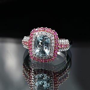 D'Joy Premium Mangoro Aquamarine and Multi Gemstone 3.00 ctw The Coronation Ring in Rhodium Over Sterling Silver (Size 6.0) (Del. In 8-10 Days)