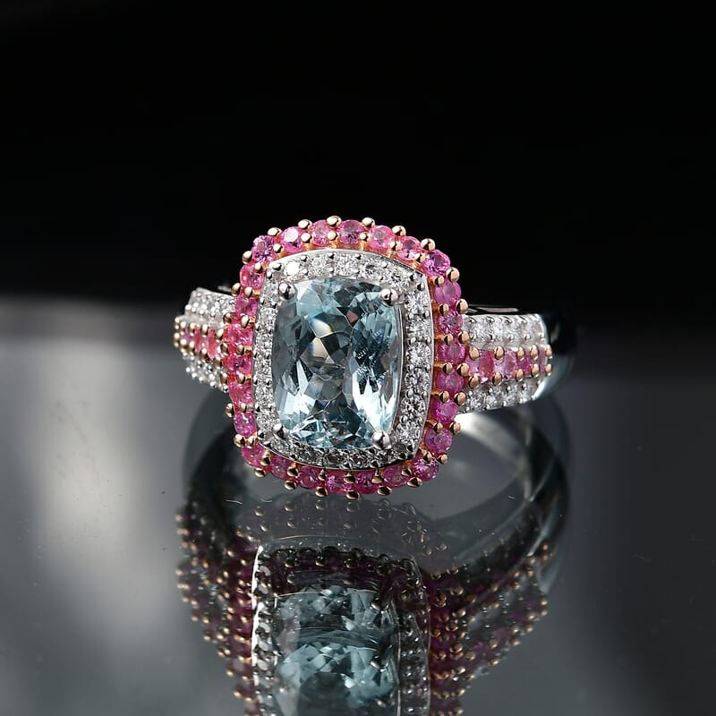 D'Joy Mangoro Santo Aquamarine, Multi Gemstone Ring in Rhodium Over Sterling Silver 3.00 ctw (Size 6.0)