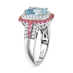 D'Joy Premium Mangoro Aquamarine and Multi Gemstone 3.00 ctw The Coronation Ring in Rhodium Over Sterling Silver (Size 6.0) (Del. In 8-10 Days)