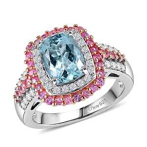 D'Joy Premium Mangoro Santo Aquamarine and Multi Gemstone 3.00 ctw Ring in Rhodium Over Sterling Silver (Size 7.0)