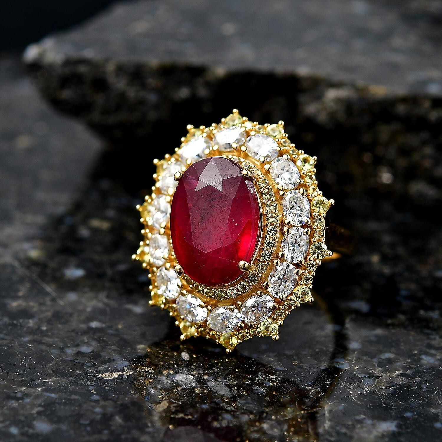 D'Joy Premium Niassa Ruby (FF) and Multi Gemstone 12.90 ctw Floral Cluster Ring in 18K Vermeil Yellow Gold Over Sterling Silver (Size 10.0)