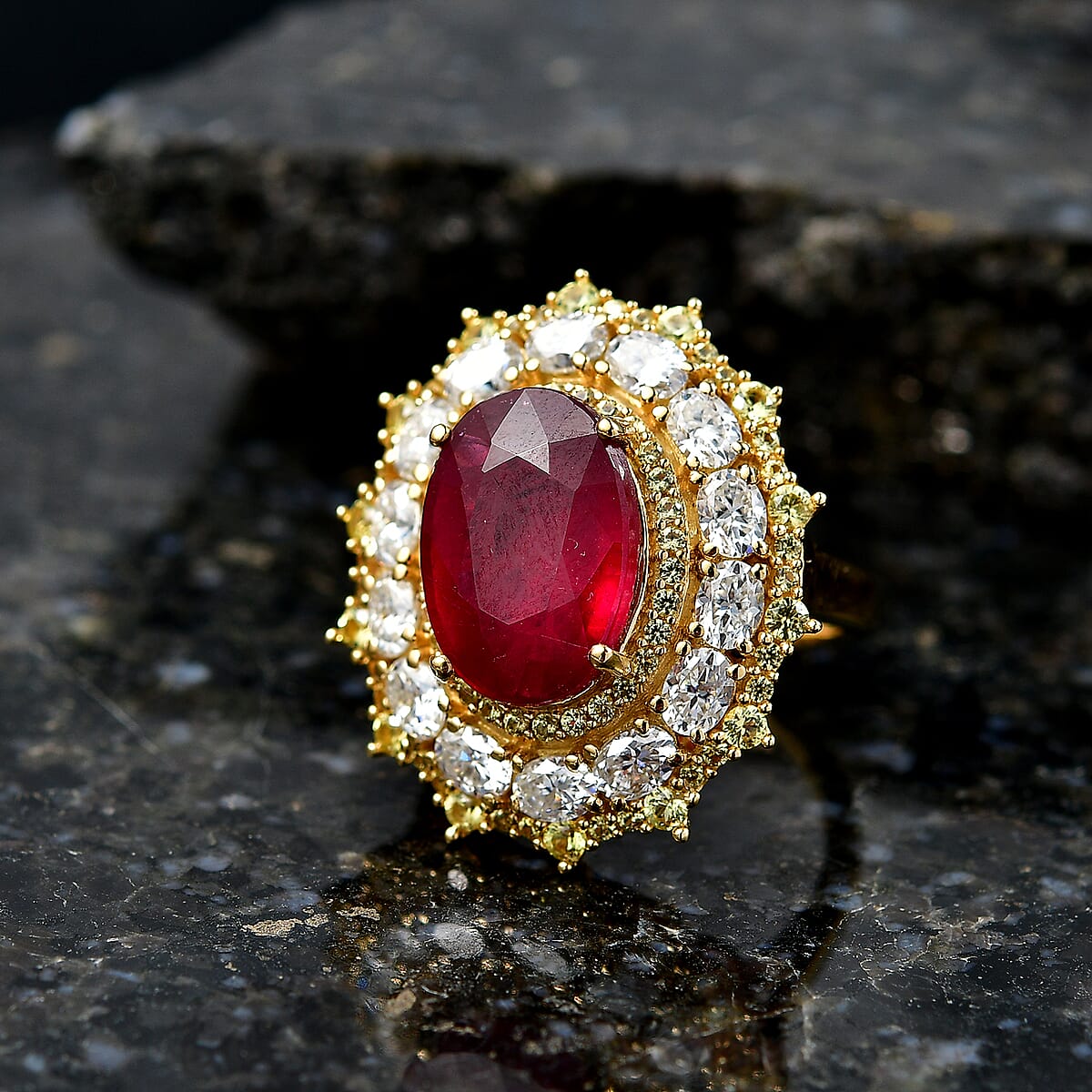 D'Joy Premium Niassa Ruby (FF) and Multi Gemstone 12.20 ctw Floral Cluster Ring in 18K Vermeil Yellow Gold Over Sterling Silver (Size 10.0) (Del. In 8-10 Days) image number 1