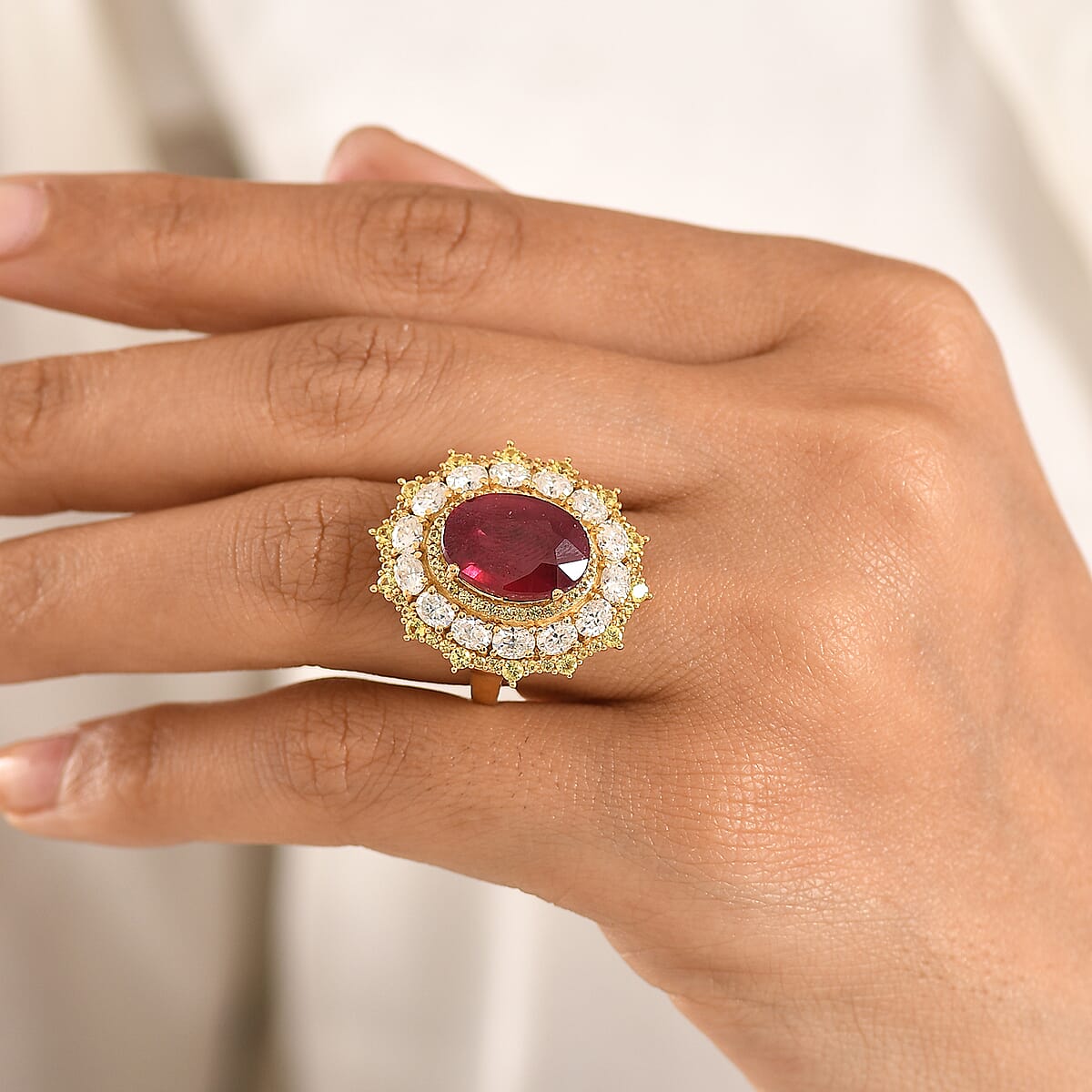 D'Joy Premium Niassa Ruby (FF) and Multi Gemstone 12.20 ctw Ring in 18K Vermeil Yellow Gold Over Sterling Silver (Size 6.0) image number 2