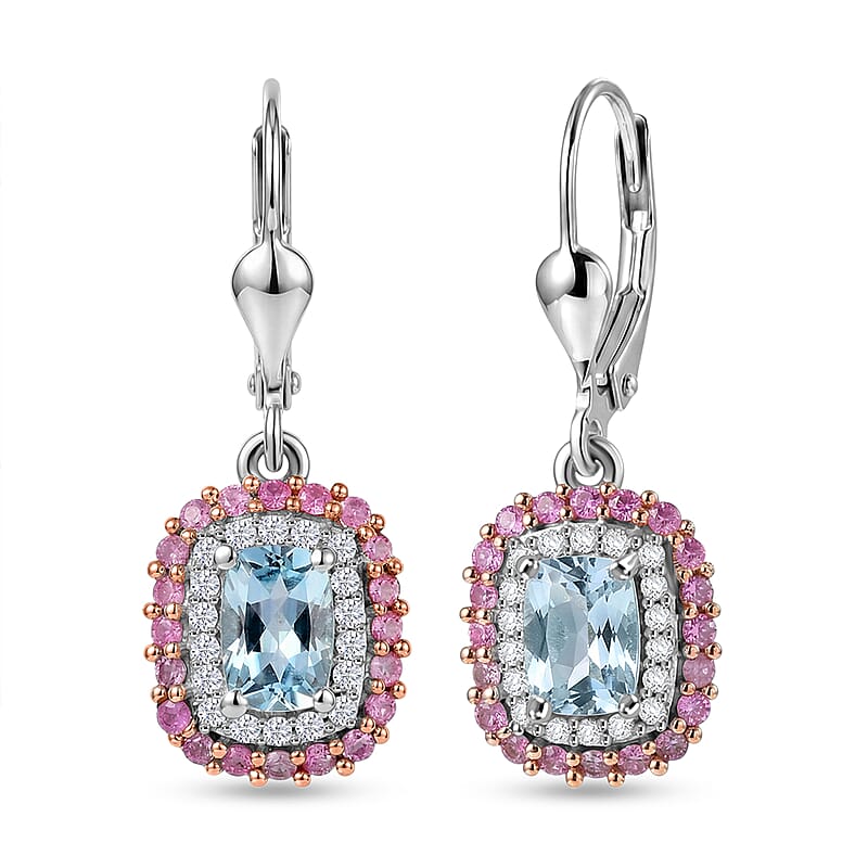 D'Joy Premium Mangoro Aquamarine and Multi Gemstone 1.60 ctw The Coronation Earrings in Rhodium Over Sterling Silver