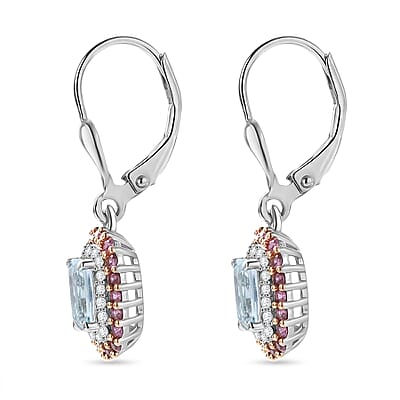 D'Joy Premium Mangoro Aquamarine and Multi Gemstone 1.60 ctw The Coronation Earrings in Rhodium Over Sterling Silver