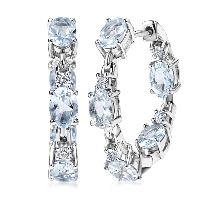 Premium Mangoro Aquamarine and Luxuriant Lab Grown Diamond G-H SI 4.60 ctw Timeless Inside Out Hoop Earrings in Rhodium Over Sterling Silver