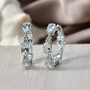Premium Mangoro Santo Aquamarine and Luxuriant Lab Grown Diamond G-H SI 4.60 ctw Earrings in Rhodium Over Sterling Silver