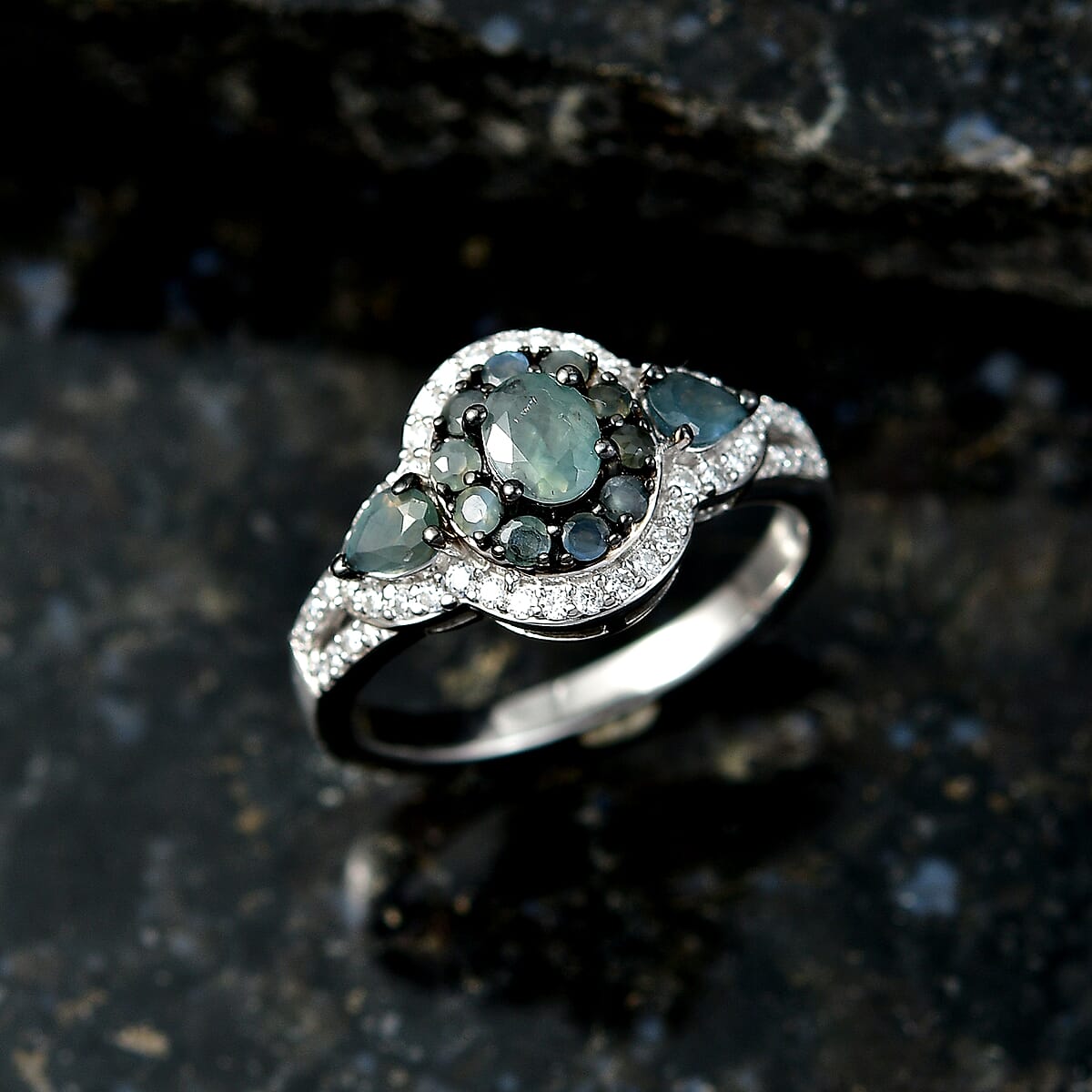 D'Joy Premium Narsipatnam Alexandrite and Moissanite 1.30 ctw Floral Ring in Rhodium Over Sterling Silver (Size 10.0) (Del. In 8-10 Days) image number 1