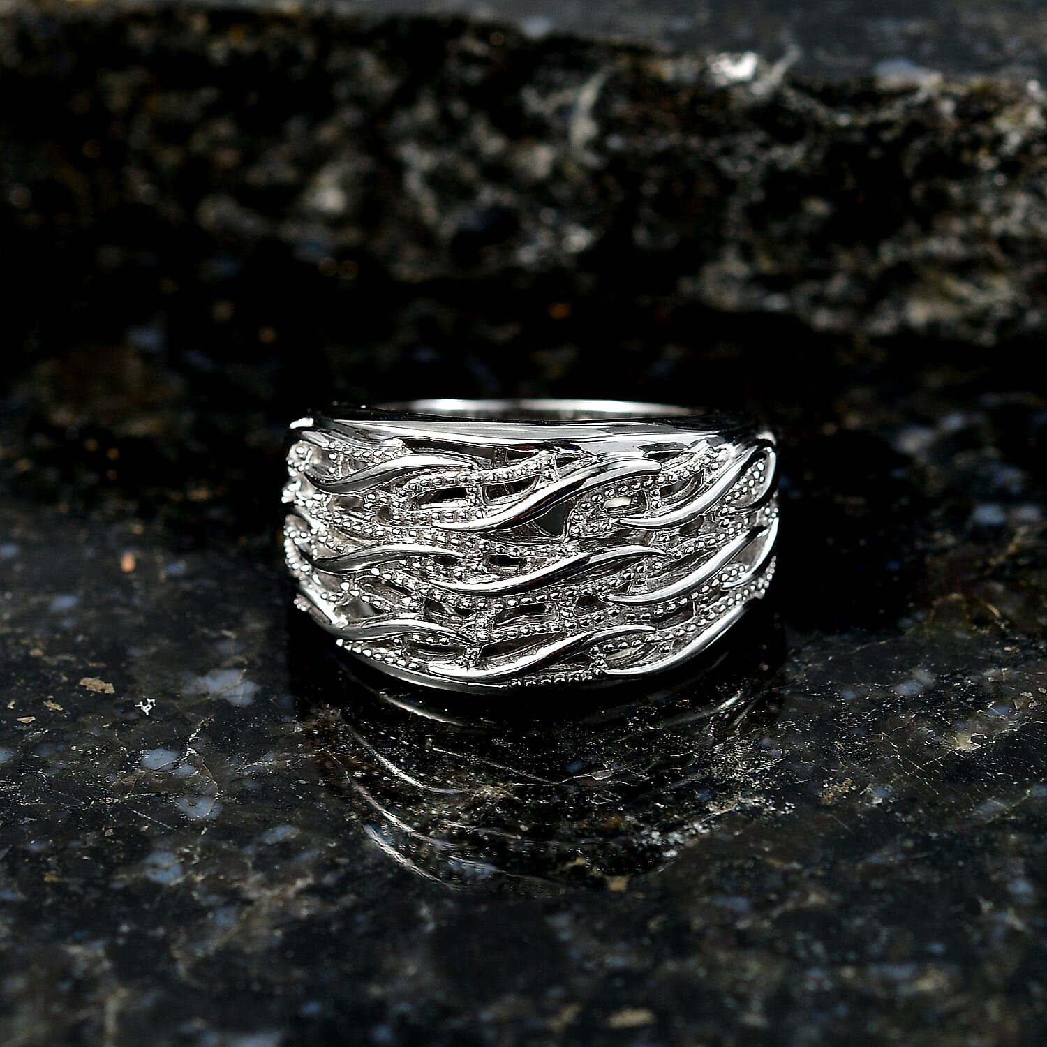 D'Joy Waves Ring in Rhodium Over Sterling Silver (Size 10.0) 7.36 Grams
