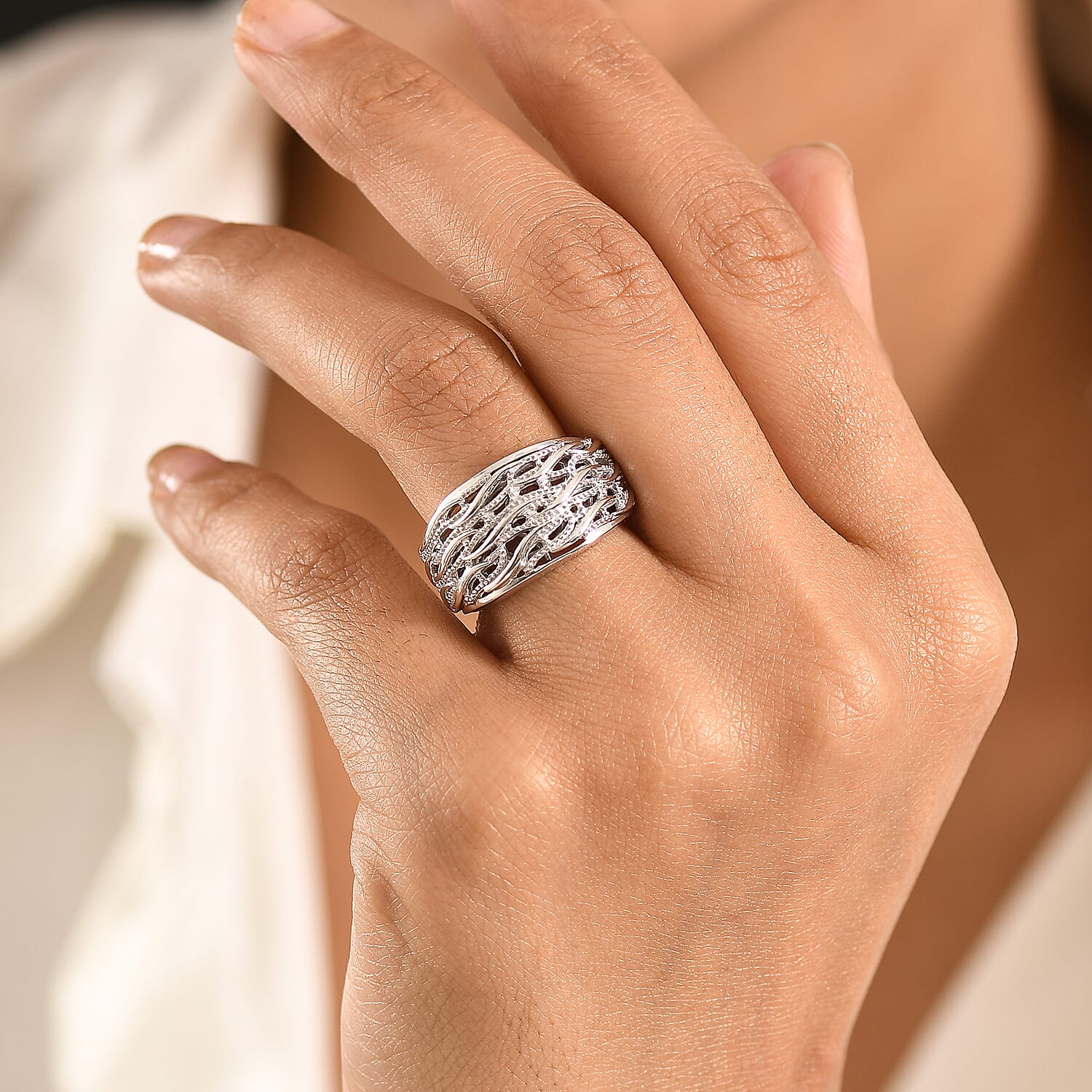 D'Joy Waves Ring in Rhodium Over Sterling Silver (Size 10.0) 7.36 Grams