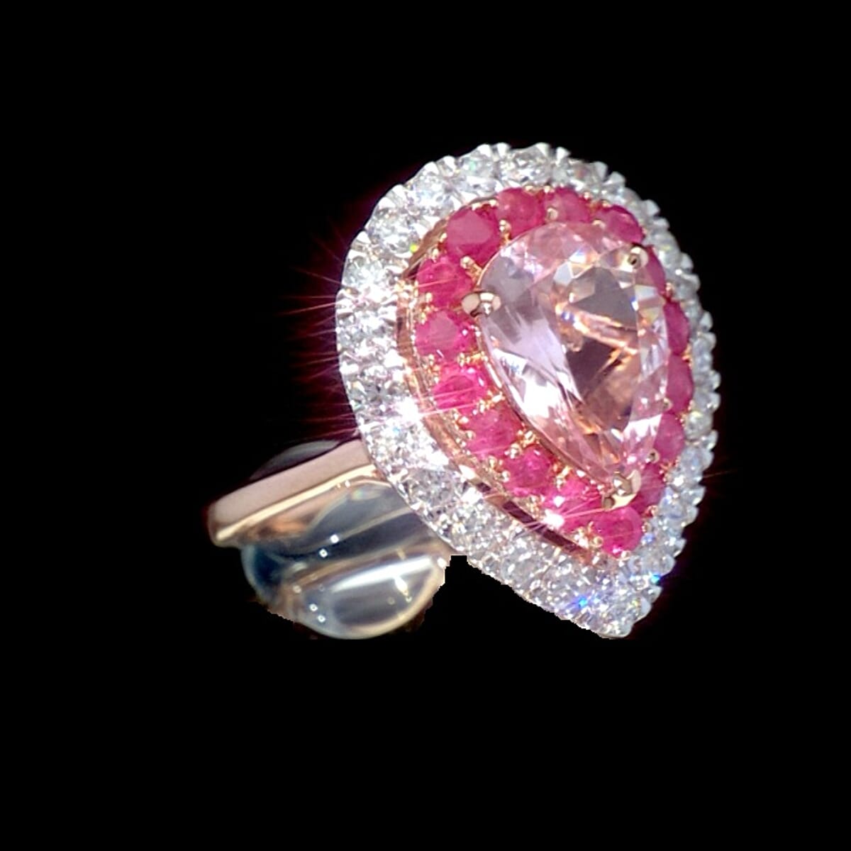 Certified & Appraised AAA Pink Morganite, Mozambique Ruby and Luxuriant Lab Grown Diamond G-H SI 3.20 ctw Ring in 10K Rose Gold (Size 10.0) image number 2