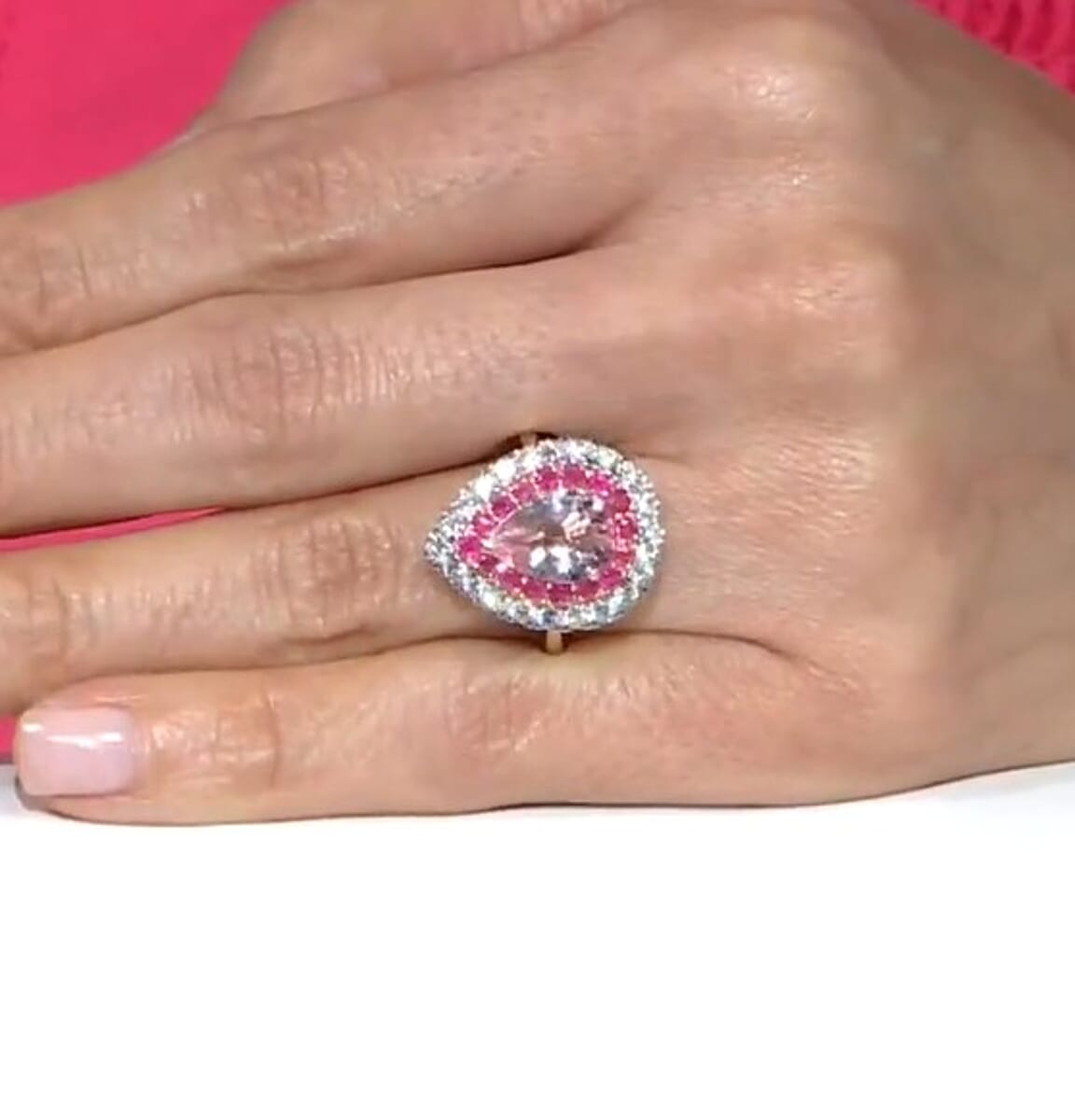 Certified & Appraised AAA Pink Morganite, Mozambique Ruby and Luxuriant Lab Grown Diamond G-H SI 3.20 ctw Ring in 10K Rose Gold (Size 10.0) image number 3