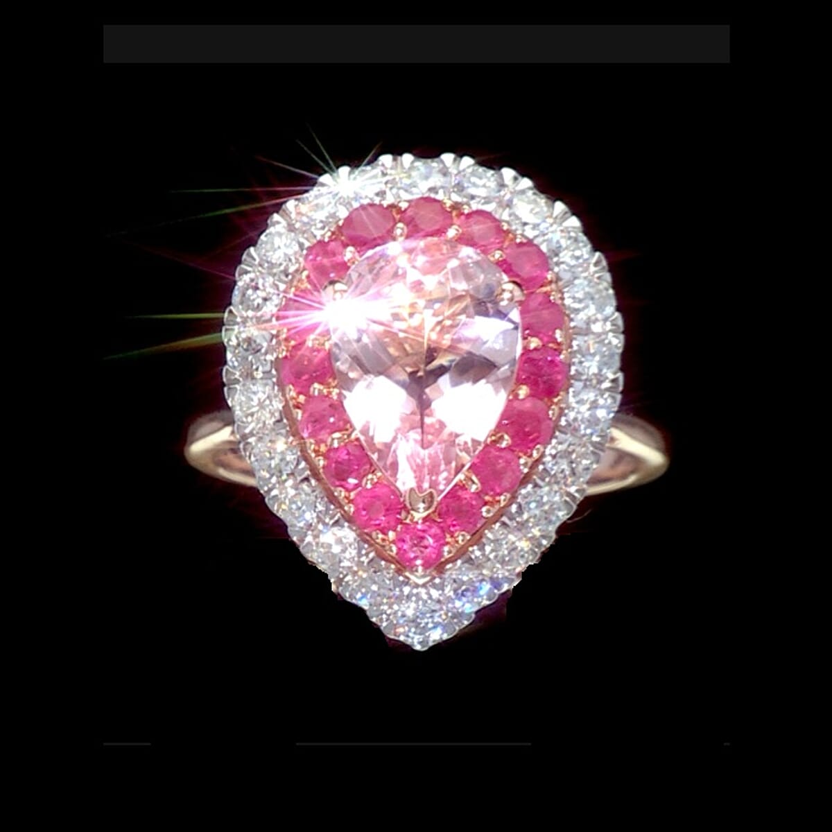 Certified & Appraised AAA Pink Morganite, Mozambique Ruby and Luxuriant Lab Grown Diamond G-H SI 3.20 ctw Ring in 10K Rose Gold (Size 10.0) image number 4