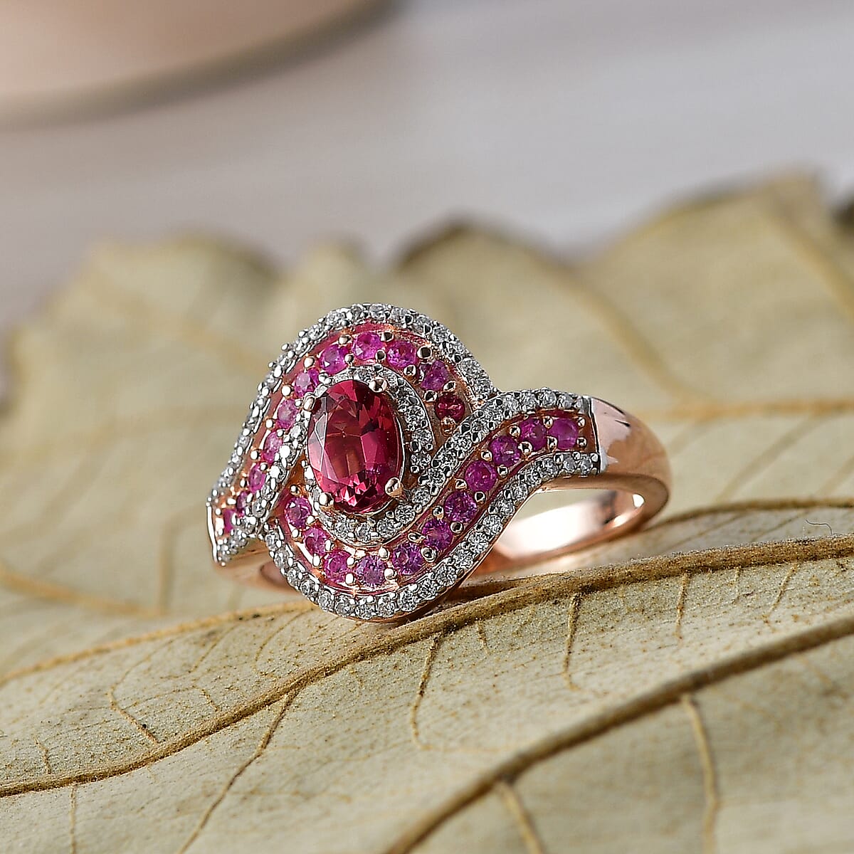 D'Joy Ouro Fino Rubellite and Multi Gemstone 1.20 ctw Scarlet Flow Ring in 18K Vermeil Rose Gold Over Sterling Silver (Size 10.0) image number 1