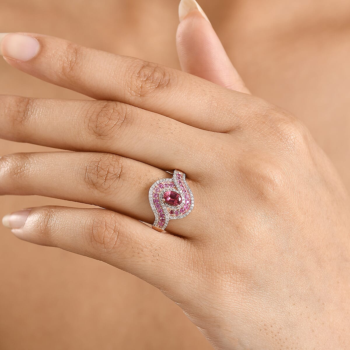 D'Joy Ouro Fino Rubellite and Multi Gemstone 1.20 ctw Scarlet Flow Ring in 18K Vermeil Rose Gold Over Sterling Silver (Size 7.0) image number 2