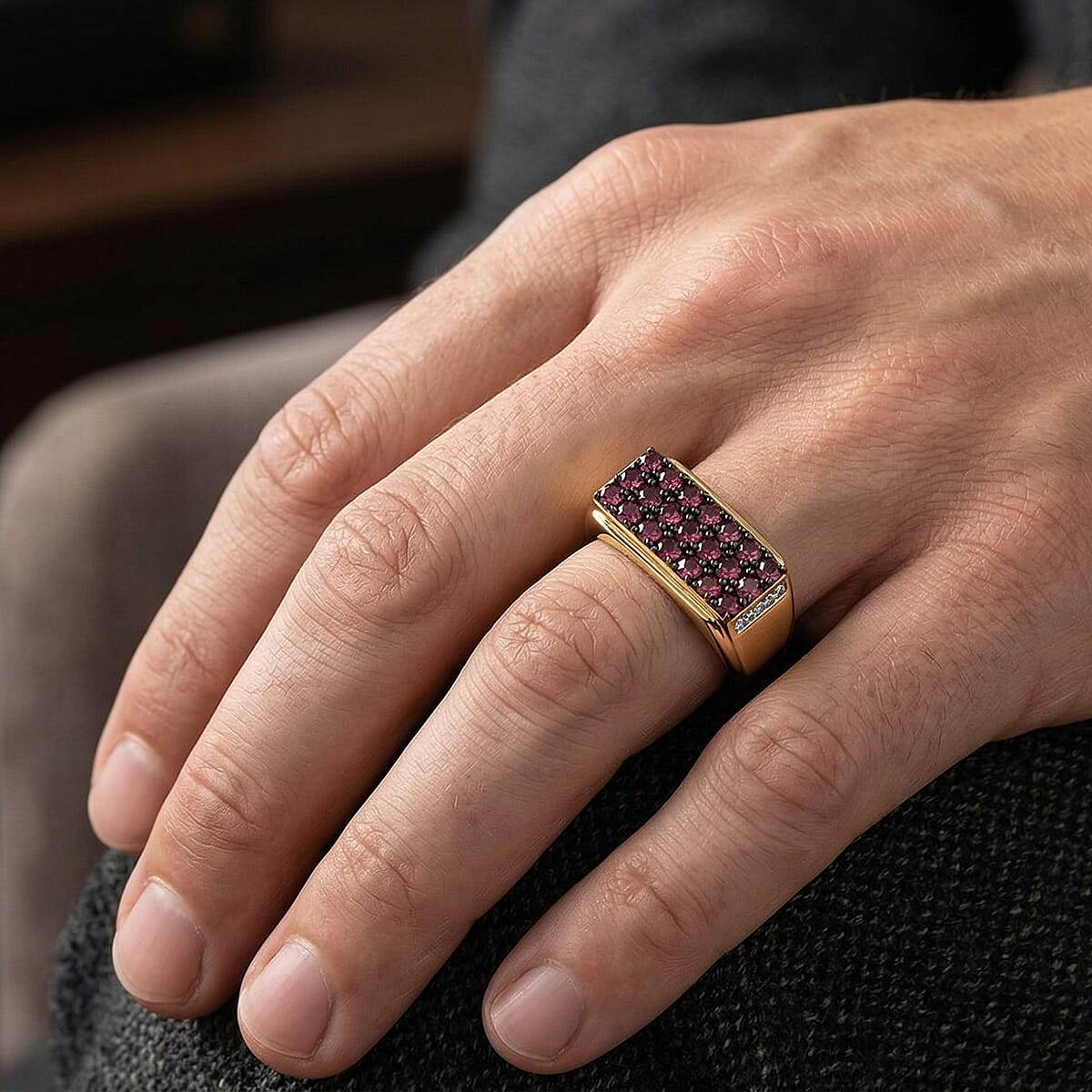 Ouro Fino Rubellite and Luxuriant Lab Grown Diamond G-H SI 1.75 ctw Men's Ring in 18K Vermeil Yellow Gold Over Sterling Silver (Size 10.0) image number 2