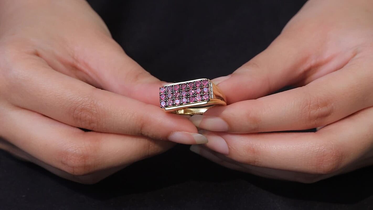 Ouro Fino Rubellite, Luxuriant Lab Grown Diamond (G-H, SI) Men's Ring in 18K Vermeil YG Over Sterling Silver (Size 10.0) 1.75 ctw