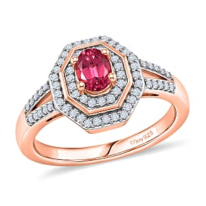 D'Joy Premium Ouro Fino Rubellite and Moissanite 0.65 ctw Passion Halo Ring in 18K Vermeil Rose Gold Over Sterling Silver (Size 10.0)