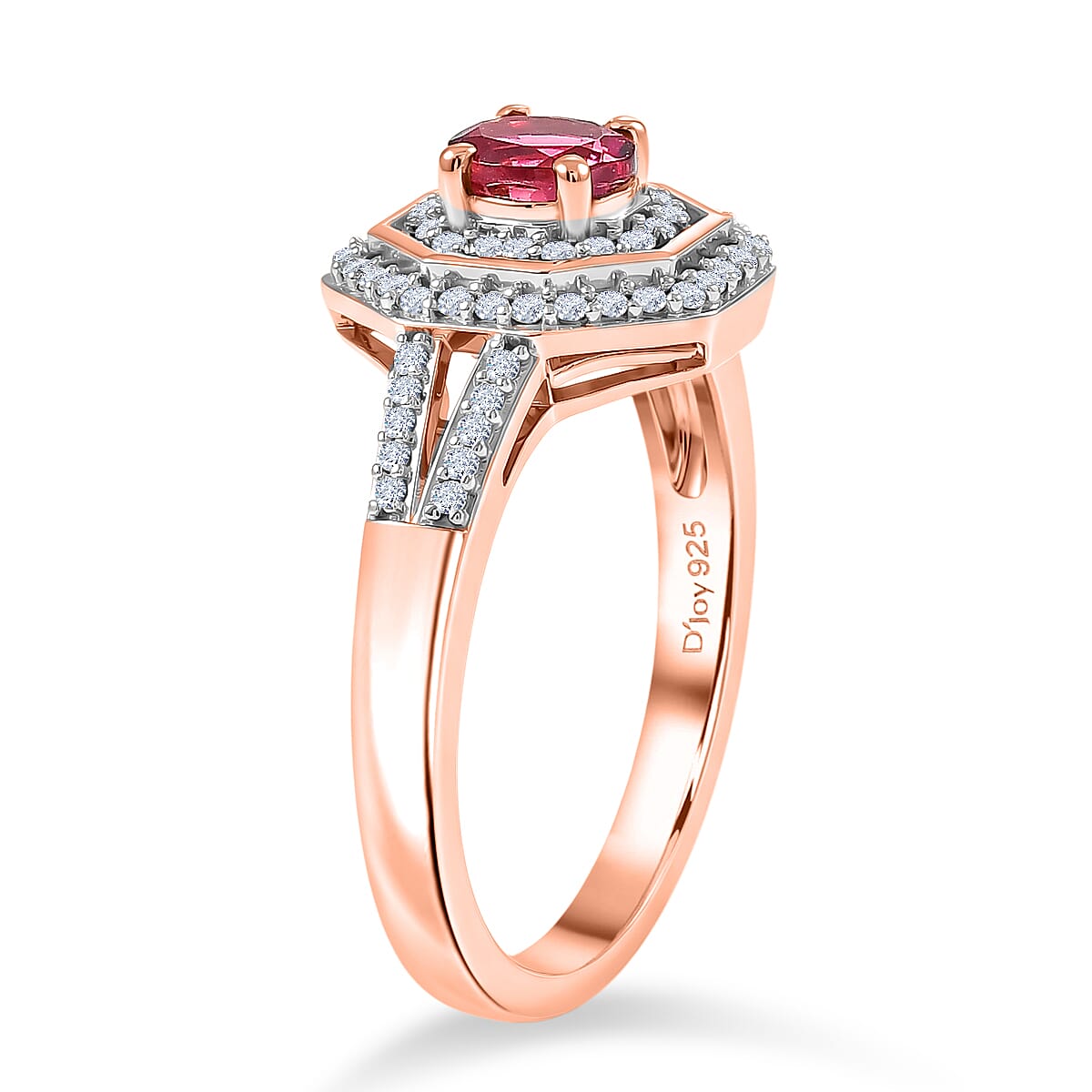 D'Joy Premium Ouro Fino Rubellite and Moissanite 0.65 ctw Passion Halo Ring in 18K Vermeil Rose Gold Over Sterling Silver (Size 10.0) image number 3