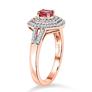 D'Joy Premium Ouro Fino Rubellite and Moissanite 0.65 ctw Passion Halo Ring in 18K Vermeil Rose Gold Over Sterling Silver (Size 10.0)